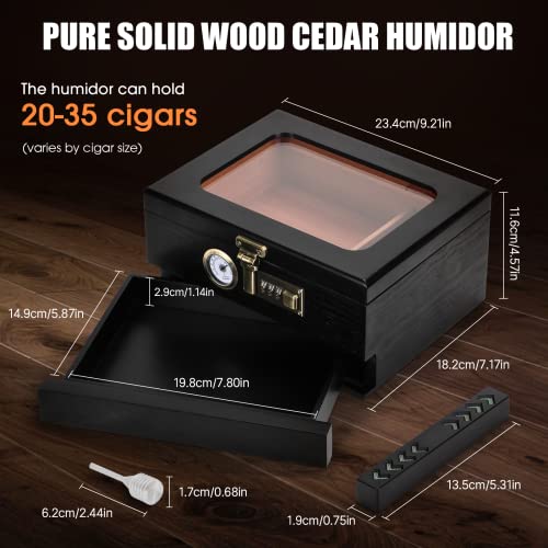 Cigar Humidor, Cedar Wood Humidor Cigar Box, Glass Top Desktop Humidor with Front Hygrometer, Humidifier, Divider, Accessories Drawer and Combination Lock, Cigar Gifts for Men (Black) - Image 5