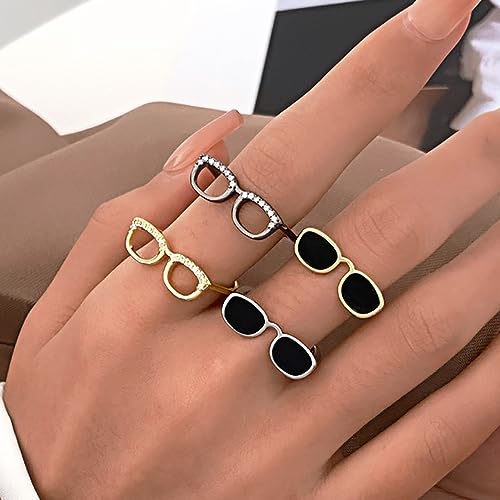 2Pcs Rhinestone Glasses Open Rings Set,Cute Crystal Love Heart Eyeglasses Finger Rings Jewelry for Women Men Couple Gifts3