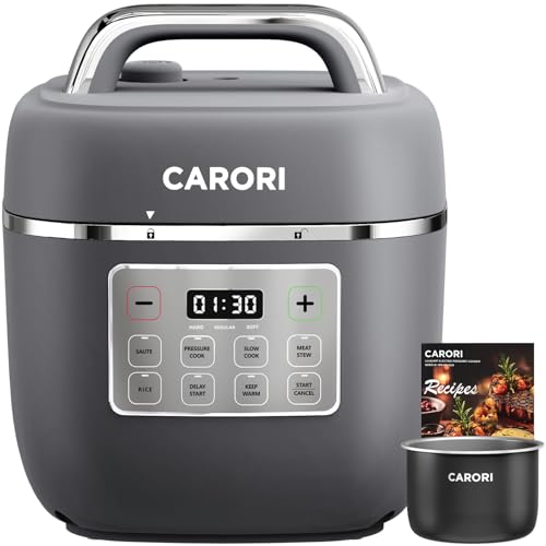 Image of CARORI Electric Pressure Cooker 3QT, 8-Function Compact Multi-Cooker with Ceramic Nonstick Pot for Saute, Pressure Cook, Slow Cook, Meat Stew, Rice, Delay Start, Keep Warm, Safe Venting, Gray