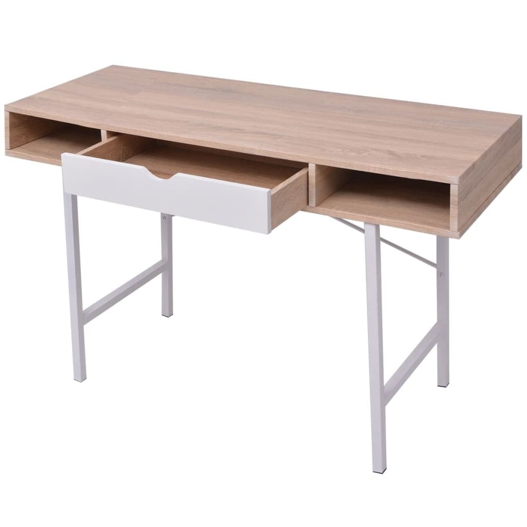 Schreibtisch mit 1 Schublade und Fächern, MDF-Tischplatte in Eiche und Weiß, stabile Metallbeine, geräumige Arbeitsfläche für Computer und Laptop, ideal für Home-Office und Büro