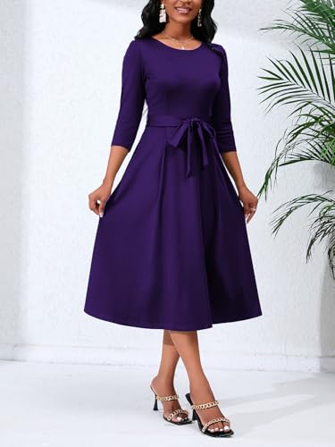 Women's Caual Midi Dress 3/4 Sleeve Crewneck A-line Swing Dress for Women with Belt for Wedding Guest & Cocktail Party2