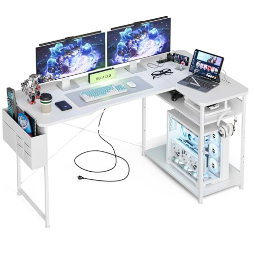 Image of Acrolix L Shaped Gaming Desk 55 Inch - Computer Corner Desk with Power Outlets, Reversible Shelves & Storage Bag for Home Office, PC Gaming Table, White Carbon