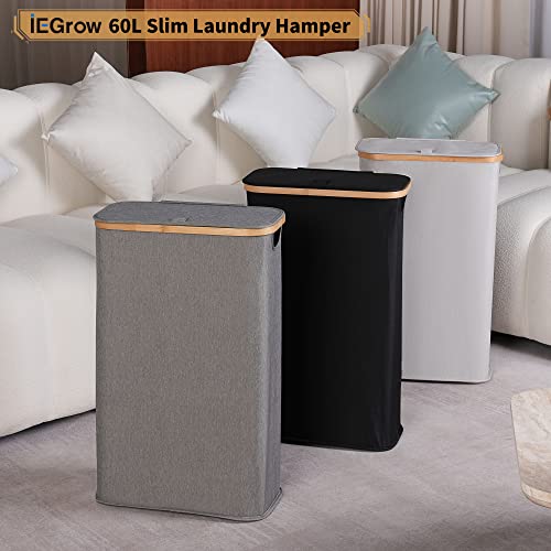 Iegrow 60L Slim Laundry Hamper With Lid,Black Hampers For Laundry,Narrow Laundry Basket With Removable Inner Bag & Bamboo Handles,Tall Thin Clothes Hamper For Clothes Toys Towels Organization #TOP6