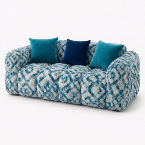 Image of FURNY Luxury Nimbus 2 Seater Bubble Cloud Sofa Set for Living Room | Tapestry Mosaic Fabric Upholstered | Modern Cushioned Comfortable Couch for Home Office & Drawing Room | Lagoon Blue