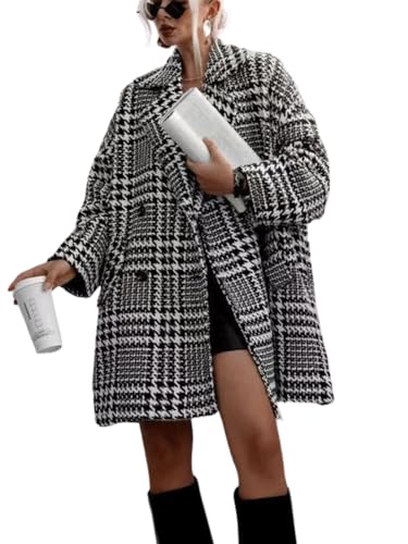 Image of CHARTOU Womens Oversized Blazed Collar Double Breasted Overcoat Thick Plaid Pea Coat Jacket Long Trench Coat (Large, Black)