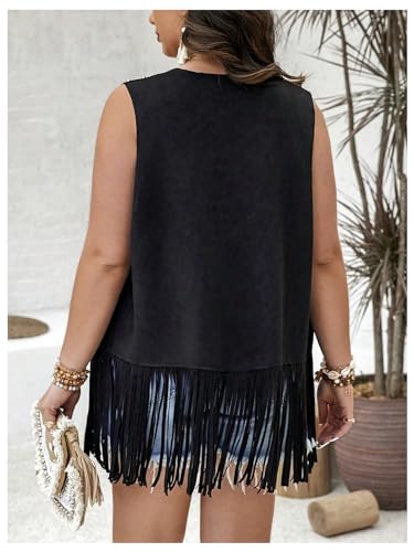 GORGLITTER Women's Plus Size Fringe Vest Cowgirl Western Outfits Rivets Sleeveless Tassel Jacket2
