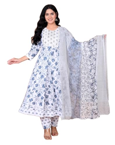Image of Queens World Women's Anarkali Pure Cotton Floral Printed Kurta Pant Set With Dupatta (M To 2XL- Size)