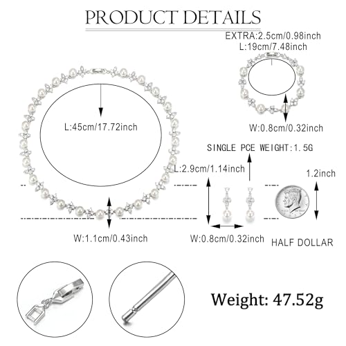 Image of EVER FAITH Cubic Zirconia Pearl Leaf Bridal Jewelry Set for Bride Women