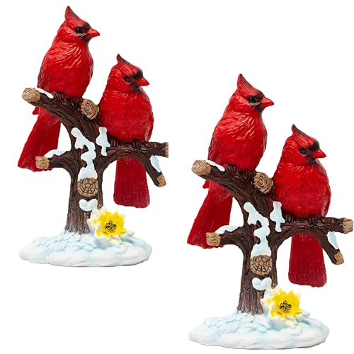 BANBERRY DESIGNS Cardinal Figurine - 2 Red Cardinals Sitting on a Snowy Tree Branch - Set of 2 Bird Statues Winter Berry and Cardinal Themed - Stands 6.5