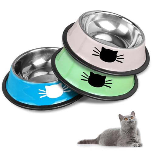 Set di ciotole per gatti antiscivolo in acciaio inox, ciotole per gatti e ciotole per animali domestici (blu+verde+grigio)
