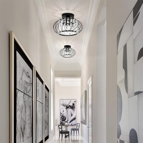Image of Black Crystal Ceiling Light Fixture - Small Crystal Chandelier Semi Flush Mount Ceiling Light Modern Hallway Lights fixtures for Entryway Bedroom Porch Kitchen (11 Inch, Bulb not Included)