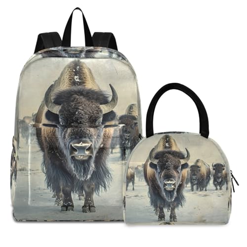 Backpack Lunch Bag Set Vintage Bison Herd Print, Big Storage Travel Backpacks with Insulated Lunch Box for Office Hiking Picnic