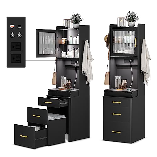 MDGC 3 in 1 Vanity Desk with Mirror and Lights,Tall Makeup Vanity Set with Hidden Stool & Flip-up Mirror, Compact Make Up Vanity and Desk Combo for Small Spaces (Black,1PCS)