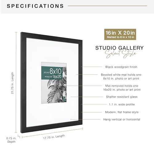 MCS Studio Gallery 16x20 Matted Photo Frame with 8x10 Picture Display, Black Woodgrain Vertical & Horizontal Wall Hanging Large Picture Frame for Photos & Art Prints (1-Pack)