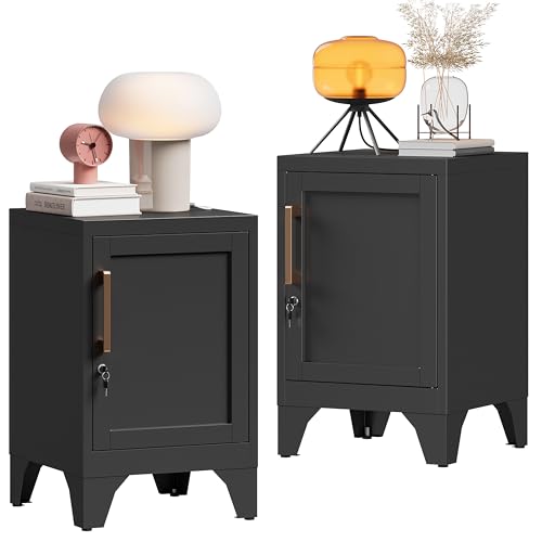 Image of 23.6 inch H Metal Locker Nightstand Set of 2,Black Locking Night Stand with Door and Adjustable Shelf, Small Side Table with Detachable Legs for Home Office,Living Room or Bedroom,Easy Assembly