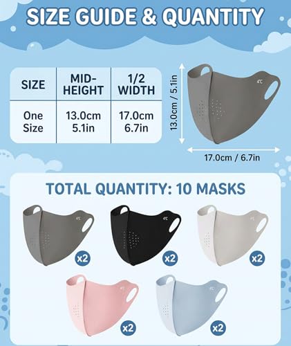 Image of 10PCS UV Protection Mask for Women, Sun Protection Face Mask for Women, Color Set with Black, Dark Grey, Light Grey, Blue, Three-Dimensional Design for Comfortable Fit During Outdoor Activities