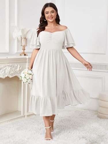 Image of SCOMCHIC Womens Plus Size Wedding Guest Cocktail Dresses Sweetheart Neckline Short Sleeve Smocked Ruffle Slit Maxi Dress