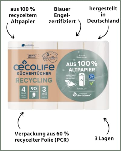 Foto von œcolife Küchentücher RECYCLING, 48 Rollen à 90 Blatt, 3-lagig, Küchenrollen