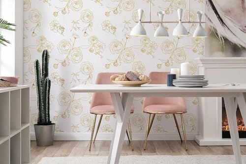 Image of VKR White and Gold Rose Peel and Stick Wallpaper, Self Adhesive Waterproof PVC Wall Sticker for Bedroom, Living Room and Furniture Decoration (45 cm x 300 cm)
