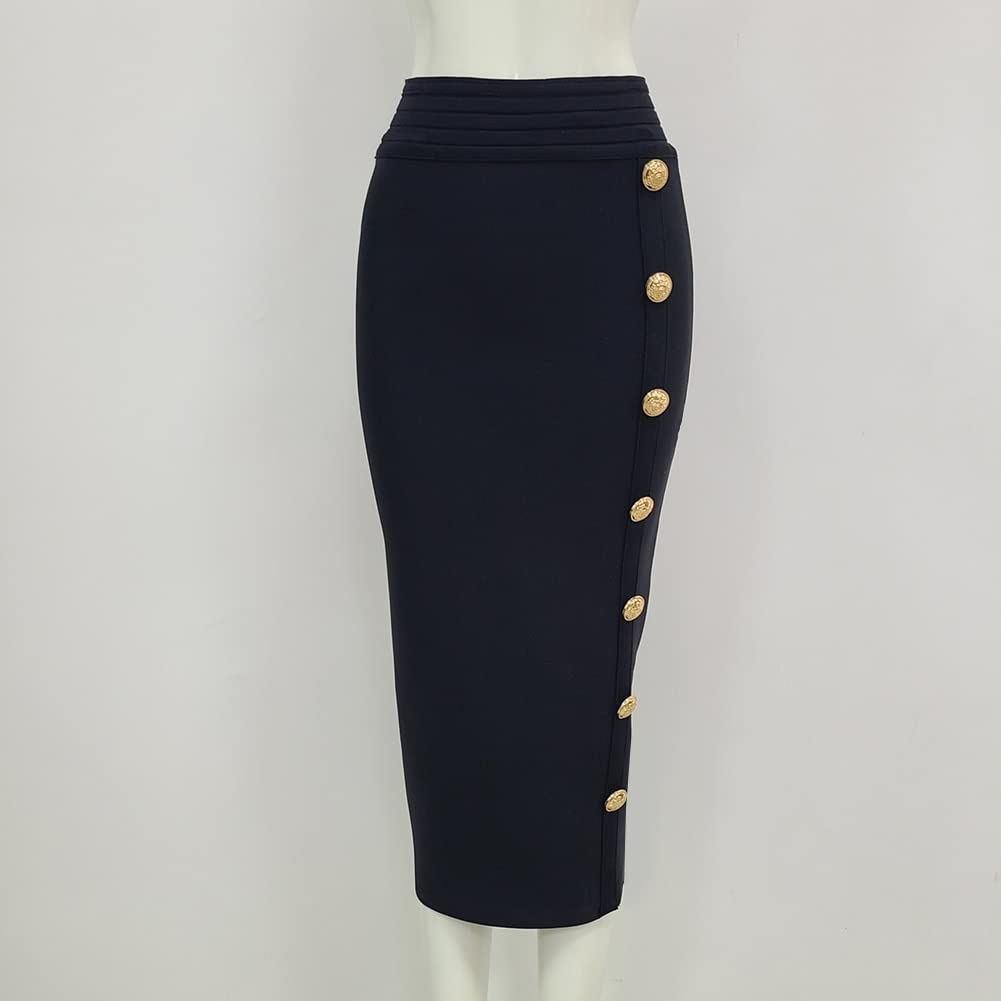 WQZYY&ASDCD Gonna A Matita Elegante Gonna Longuette A Tubino Gonna A Fascia A Vita Alta Gonne A Fascia Elastica Nera Bottoni Abbigliamento Donna