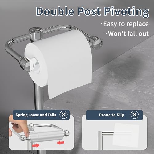 Image of RARXTR Toilet Paper Holder Stand, Post Pivoting Design Free Standing Toilet Paper Holder, SUS304 Stainless Steel Toilet Paper Roll Holder, Heavy Stable Base (Chrome)