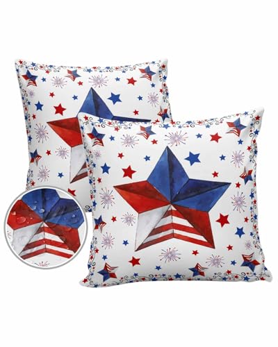 Stars Red Blue Outdoor Pillow Cover 20x20 Inch Cushion Sham Case,Waterproof Decorative Square Throw Pillowcase for Outside Garden Patio Porch Couch Chair Tent 4th of July Memorial Day Independence Day