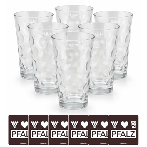 Premium Dubbeglas (6 Stück 0 5l) + 6 x Pfalz Untersetzer Schoppenglas zum Genuss von Pfälzer Wein Riesling oder als Schorleglas für Pfälzer Schorle Pfalz Weinfest Dubbegläser Weinglas
