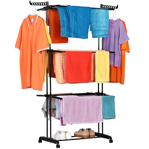 NK Tendedero Vertical Plegable con 4 Niveles - 6 Bandejas Retráctiles + 2 Alas Laterales con Soporte Perchas + Zapatero, Ruedas 360° (19m Ropa) (Negro)
