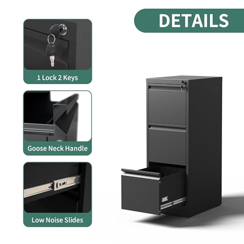 Image of 3 Drawer File Cabinet with Lock,Metal File Cabinet for Home Office