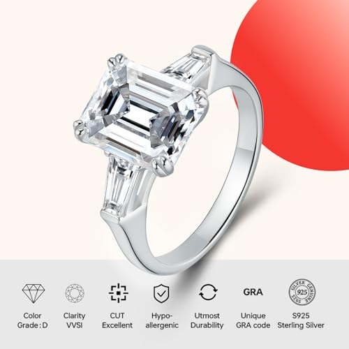 4ct Moissanite Engagement Rings for Women,3 Stone Square D Color VVS1 18K White Gold Plated 925 Sterling Silver, Cut Lab Created Diamond Wedding Promise Jewelry2