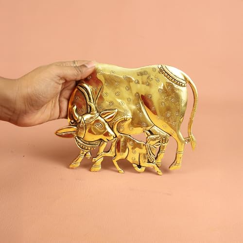Image of Spillbox Brass Kamdhenu Cow Pair Wall Hanging |Vastu Gau MATA Statues Wall Hanging for Home |Living Room|Door Hanging Decor|Statue Sculpture for Home&Office- Brass Kamdhenu