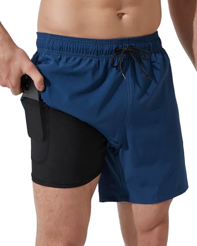 Arcweg Badehose für Herren mit Kompression Liner 2 in 1 Atmungsaktiv Badeshorts Männer Elastisch Trainingsshorts Verstellbar Tunnelzug mit Reißverschlusstaschen Blau2 XL (EU)