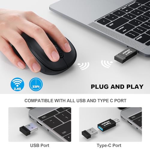 Image of WisFox 2.4G Wireless Mouse for Laptop, Ergonomic Computer Mouse with USB Receiver and Type-C Adapter, 3 Adjustable Levels, 6 Button Cordless Wireless Mice for Windows Mac PC Notebook (Black)
