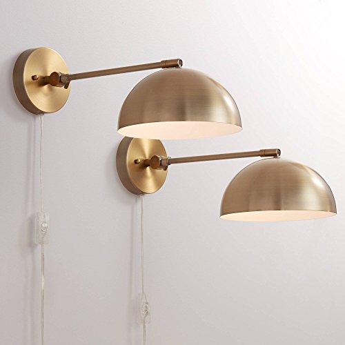 Brava Modern Indoor Adjustable Wall Lamps Set of 2 Antique Brass Plug-in Light Fixture Up Down Dome Shades for Bedroom Bedside House Reading Living Room Home Hallway Dining - 360 Lighting