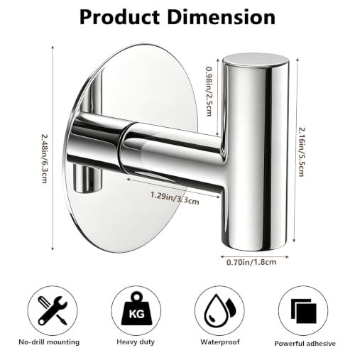 Image of Heavy Duty Adhesive Hooks, Stainless Steel Towel Hooks for Bags, Towels, Robes, Hats, Aprons - No Drill Bathroom, Kitchen, Hotel Wall Hooks (Chrome, 4 Pack)