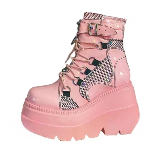 Platform Goth Ankle Boots for Womem Side Zip Lace Up Wedge Booties for School Party Business Work