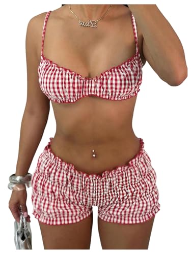 GORGLITTER Women's Two Piece Plaid Gingham Ruched Swimsuit Frill Trim Swim Shorts Bikini Sets