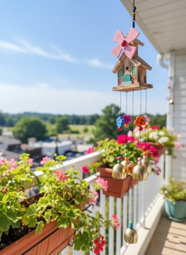 Image of Decorative Wind Chime for Home | Wooden House with Bells Colourful Beads | Positive Energy Balcony Living Room Hall Garden Home Decor (Wind Chimes)
