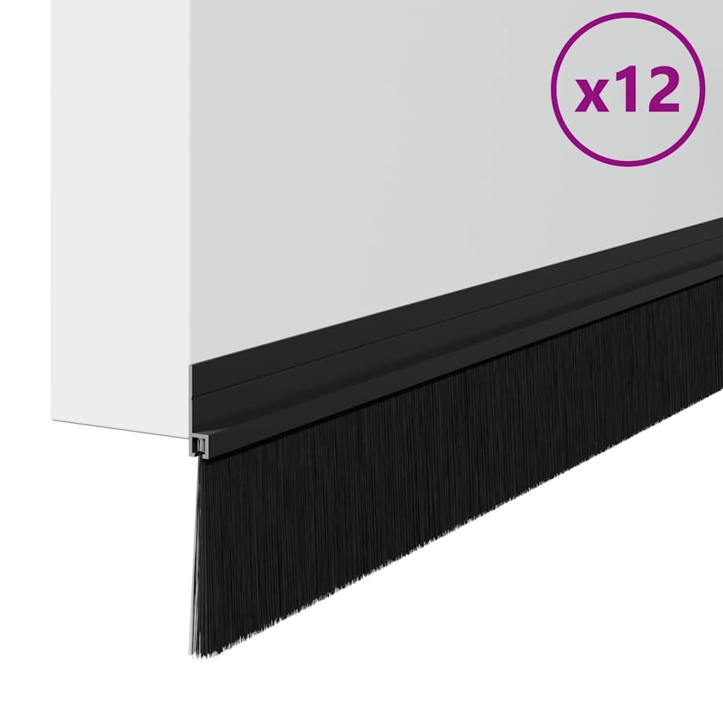 Samoprzylepne uszczelki do drzwi, 12 sztuk, czarne, 100 cm, ze stopu aluminium, włosie z nylonu i PCW, do wnętrz, ochrona przed hałasem, przeciągiem i efektywnością energetyczną