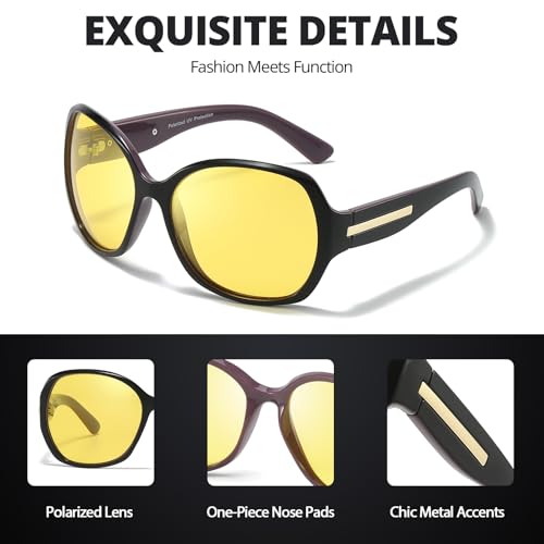 HASFOX Oversized Night Vision Driving Glasses for Women Anti Glare Polarized Yellow Night Time Eyeglasses UV Protection H62034
