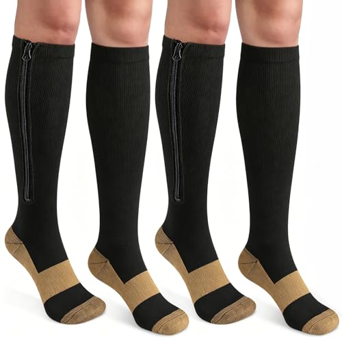 Image of CASMON 2 Pairs Zipper Compression Socks for Women & Men,15-20 mmHg Closed Toe Knee High Support Sock for Varicose Vein Edema