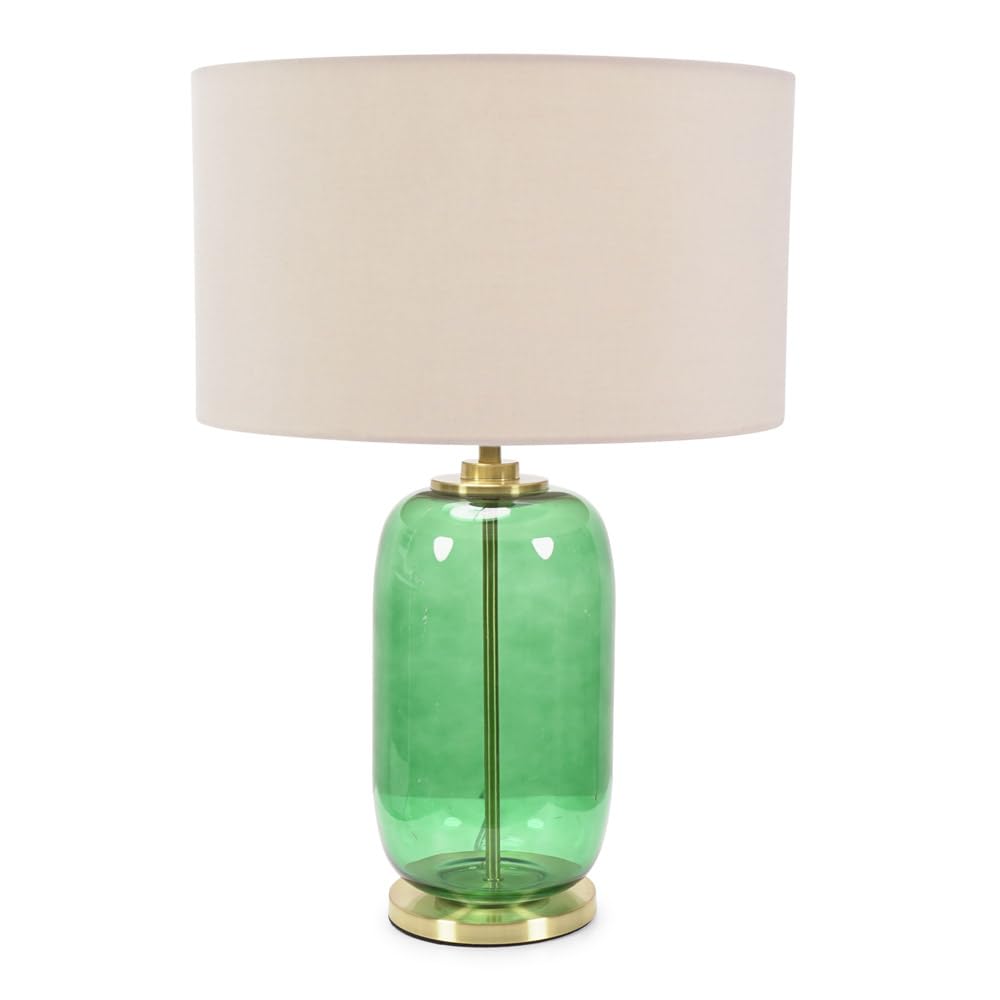 ValueLights | Forest Green Glass and Gold Detail Table Lamp with Cream Drum Shade | Home Décor, Bedside & Desk Lamp