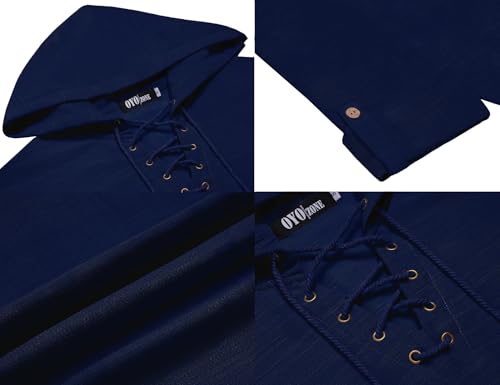 OYOZONE Men's Pure Retro Style Lace Up Hooded Shirts for Renaissance Pirate Viking Medieval Costume Navy Blue — view 4