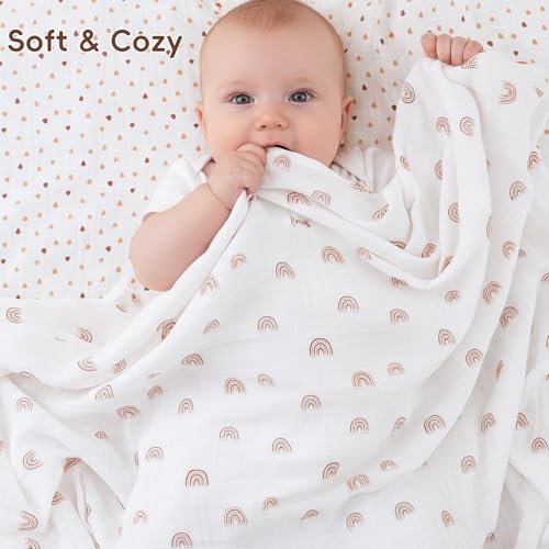 Image of david's kids 4 Pack Baby Muslin Swaddle Blankets, 100% Cotton and Ultra Soft Breathable Receiving Blanket Wrap for Boys Girls, New Born Essentials, Large 47 x 47 inches, Rainbow /Wave