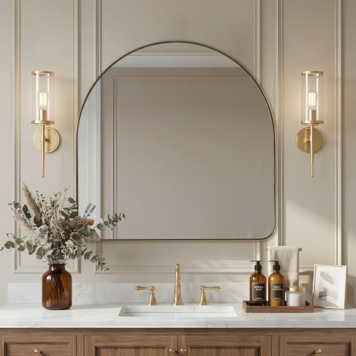 Image of ANDY STAR Arched Mirror, 36 x 36 Inch Brushed Gold Wall Mirror in Stainless Steel Metal Frame, Arch Top Rounded Corner 1 Inch Deep Set Design Wall Mount Hangs Vertical