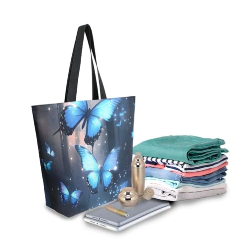 Extra Large Shoulder Tote Bag for Beach Travel Weekender Gym Blue Glowing Butterflies Forest Reusable Grocery Canvas Shopping Bag3