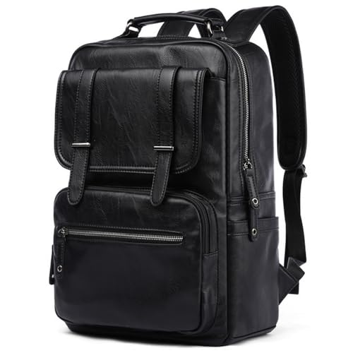 CHAO RAN Vintage Leather Laptop Backpack for Men, Large Waterproof Travel Black Rucksack, Work Knapsack Fit up to 16 inch Laptop, Business Backpack for commute College (Black)