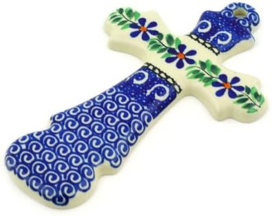 Polmedia Polish Pottery Cross - Blue Daisy Swirls Pattern Handmade in Boleslawiec Poland by Ceramika Artystyczna + Certificate of Authenticity