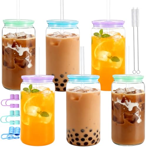 Alohastarttg Mason Jar Cups with Lids and Straws, 16 oz Reusable Plastic Tumblers for Whisky, Soda, Tea, Juice, Beer, Coffee, Milk Tea, Gifts, 6 Pack (Clear Blue, Purple, Green)