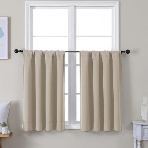 Image of Simplebrand Ava Biscotti Beige Short 36 Inches Blackout Curtain 2 Panels Set, Half Window Rod Pocket Privacy Curtain Tiers for Kitchen, Curtains Blackout for Bathroom Shades, W40 x L36 Inch